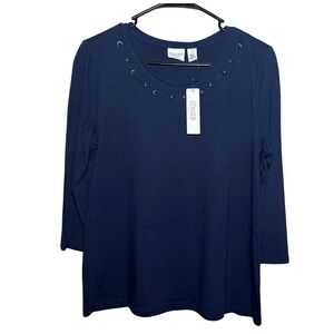 NWT Weekends by Chico's Minimalist Navy Blue 3/4 Sleeve Top Size M/8